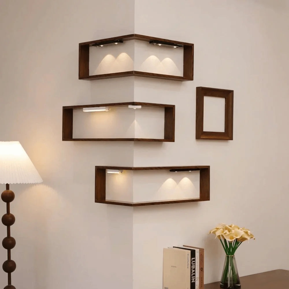Space Saving 90 Degree Corner Wall Shelf Floating Shelf Suspended Corner Bookshelf Wall Mounted Wooden Display Shelf Home