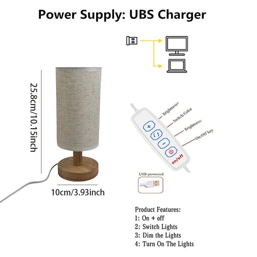 1PC Cozy Wooden Bedside Lamp Linen Shade USB LED Night Light Warm Glow Table Lamp for Bedroom Decor
