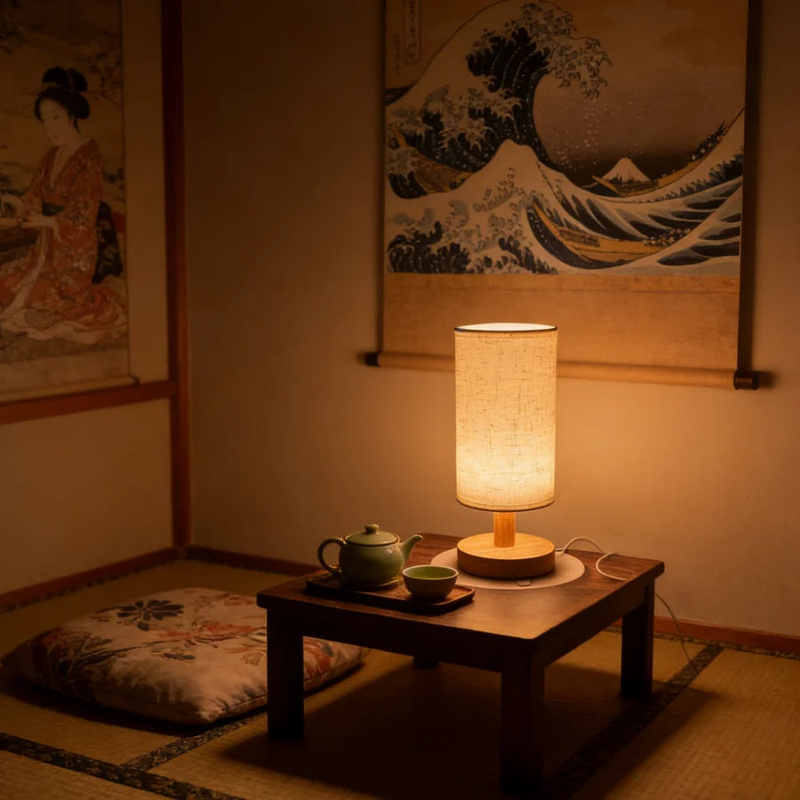 1PC Cozy Wooden Bedside Lamp Linen Shade USB LED Night Light Warm Glow Table Lamp for Bedroom Decor