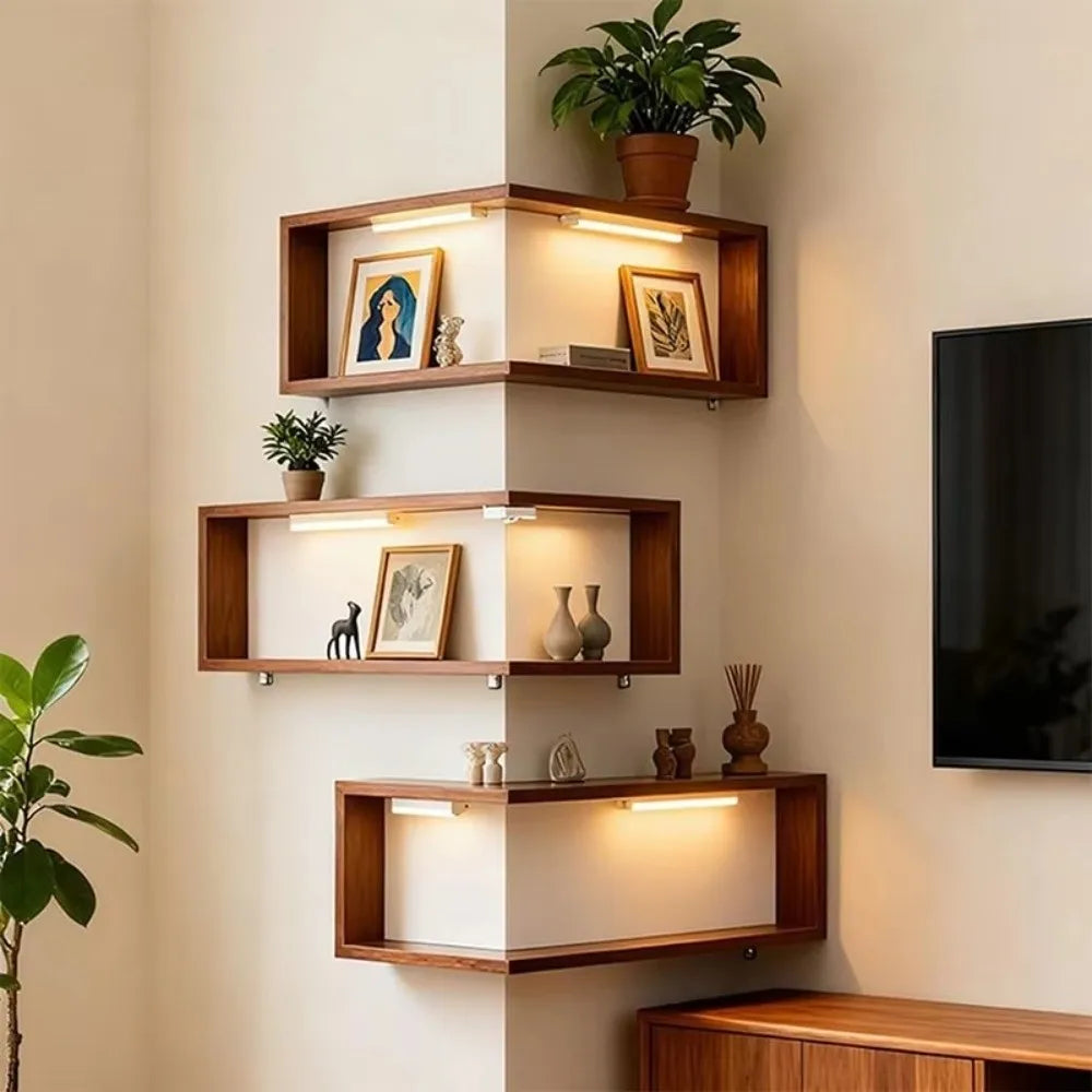 Space Saving 90 Degree Corner Wall Shelf Floating Shelf Suspended Corner Bookshelf Wall Mounted Wooden Display Shelf Home