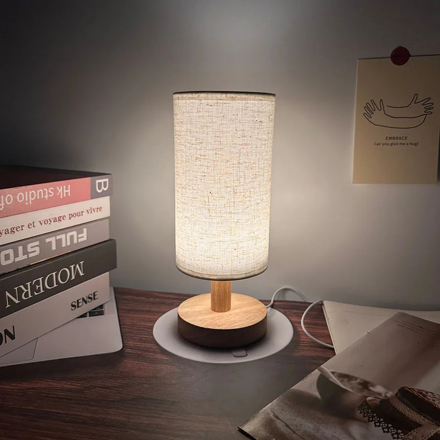 1PC Cozy Wooden Bedside Lamp Linen Shade USB LED Night Light Warm Glow Table Lamp for Bedroom Decor