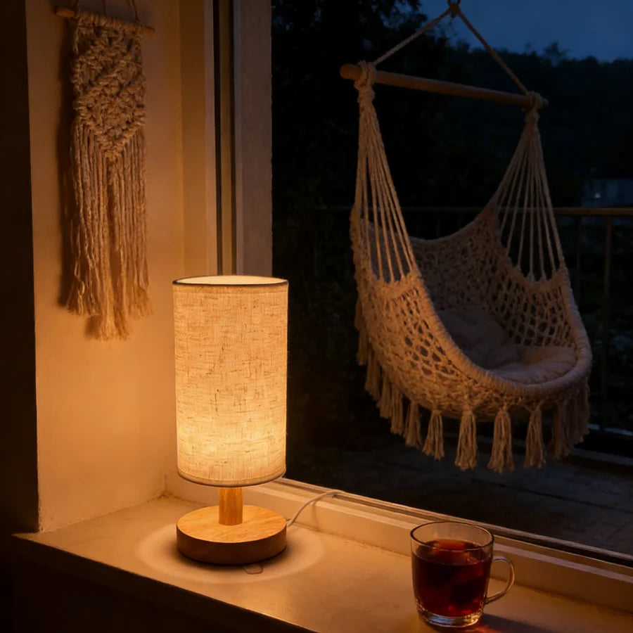 1PC Cozy Wooden Bedside Lamp Linen Shade USB LED Night Light Warm Glow Table Lamp for Bedroom Decor