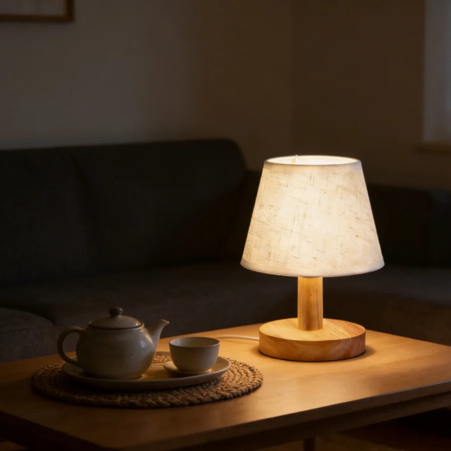 1PC Minimalist Wooden Table Lamp with Linen Shade, Simple Round Base Bedside Lamp for Bedroom Living Room