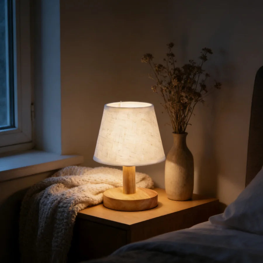1PC Minimalist Wooden Table Lamp with Linen Shade, Simple Round Base Bedside Lamp for Bedroom Living Room