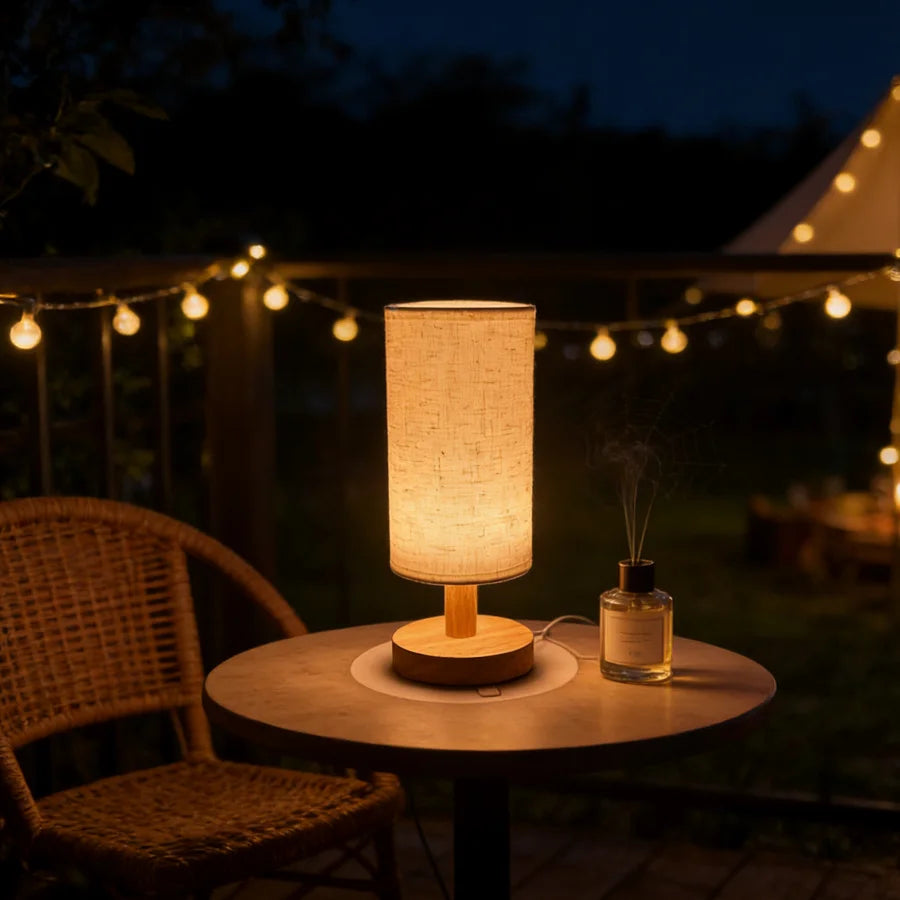 1PC Cozy Wooden Bedside Lamp Linen Shade USB LED Night Light Warm Glow Table Lamp for Bedroom Decor