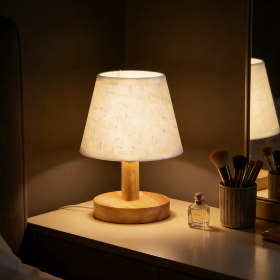 1PC Minimalist Wooden Table Lamp with Linen Shade, Simple Round Base Bedside Lamp for Bedroom Living Room