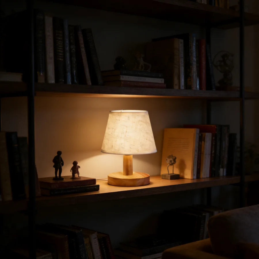 1PC Minimalist Wooden Table Lamp with Linen Shade, Simple Round Base Bedside Lamp for Bedroom Living Room