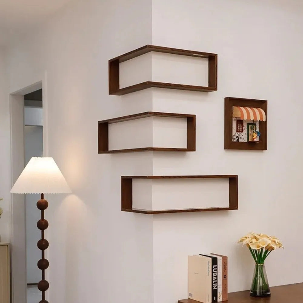 Space Saving 90 Degree Corner Wall Shelf Floating Shelf Suspended Corner Bookshelf Wall Mounted Wooden Display Shelf Home