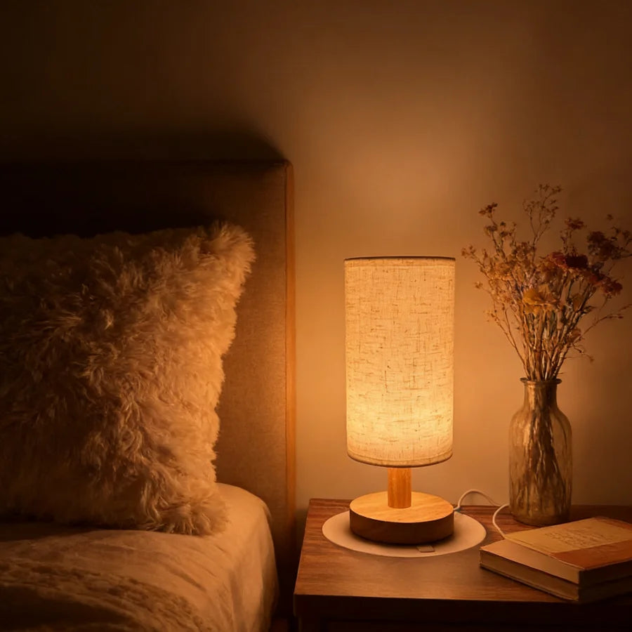 1PC Cozy Wooden Bedside Lamp Linen Shade USB LED Night Light Warm Glow Table Lamp for Bedroom Decor