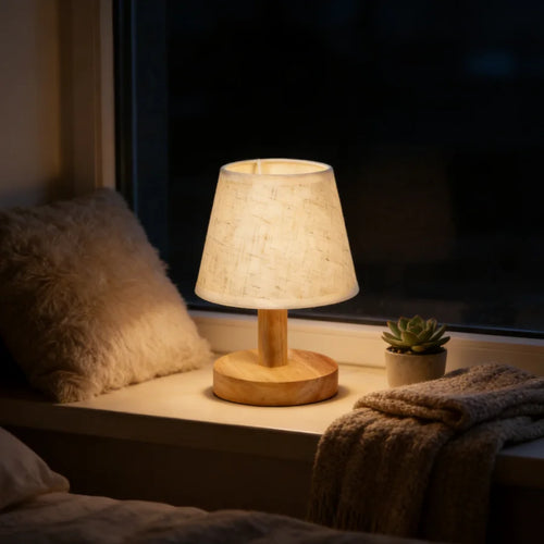 1PC Minimalist Wooden Table Lamp with Linen Shade, Simple Round Base Bedside Lamp for Bedroom Living Room