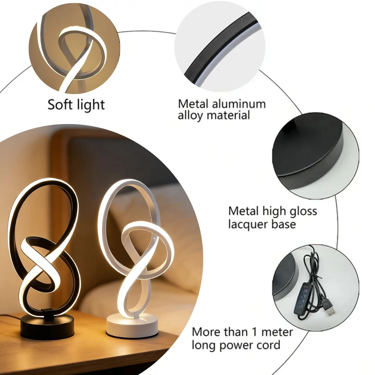 Simple and Creative LED Desk Lamp with USB Three Color Adjustable Brightness, Bedroom Living Room Home, Office Decorative Light